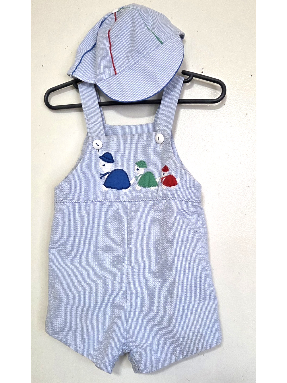 VTG Baby Togs Blue White Romper Baby 24 Months Turtles Seersucker Outfit Cap